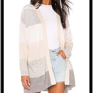 27 Miles Sz M Open-Front Cream and Gray Striped Knit Cardigan